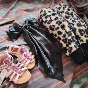 Leopard Print Jacket and Pink Sandals Set With Satin Bow Barrette